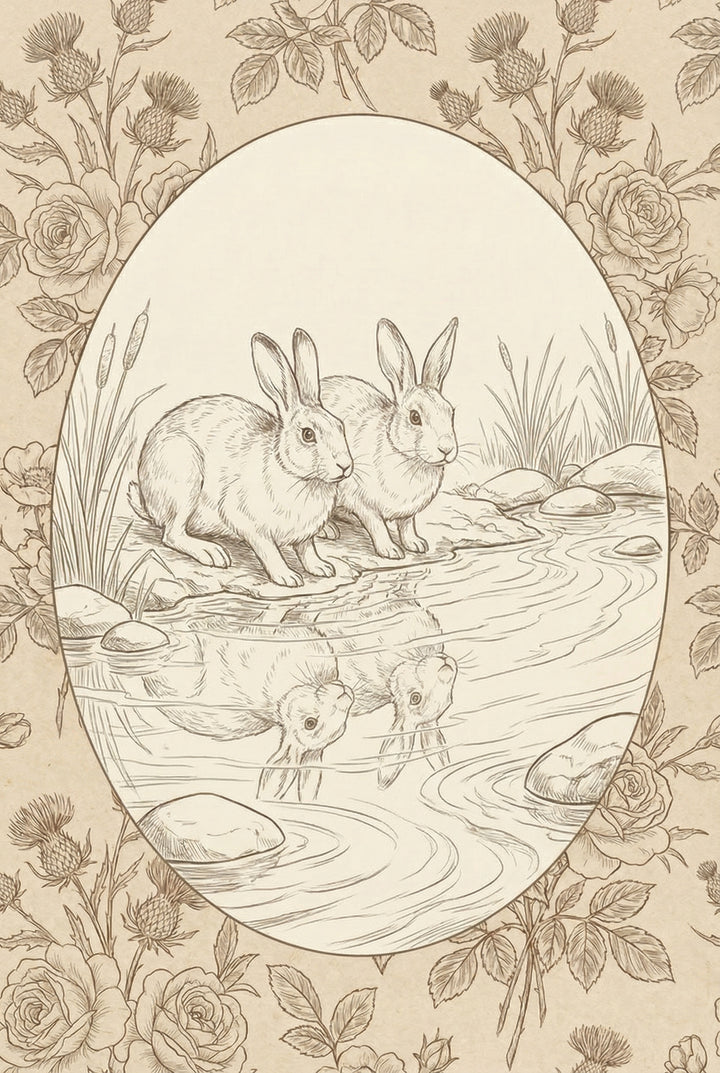 A vintage-style line drawing on aged paper. Inside a large oval frame, two detailed rabbits sit at the edge of a pond, their figures reflected in the rippling water. The scene includes cattails and smooth stones. The border outside the oval is a dense pattern of roses, rosebuds, and thistles with their leaves and thorny stems. The entire piece is rendered in fine, sepia-toned lines, creating a classic storybook or botanical sketch aesthetic.