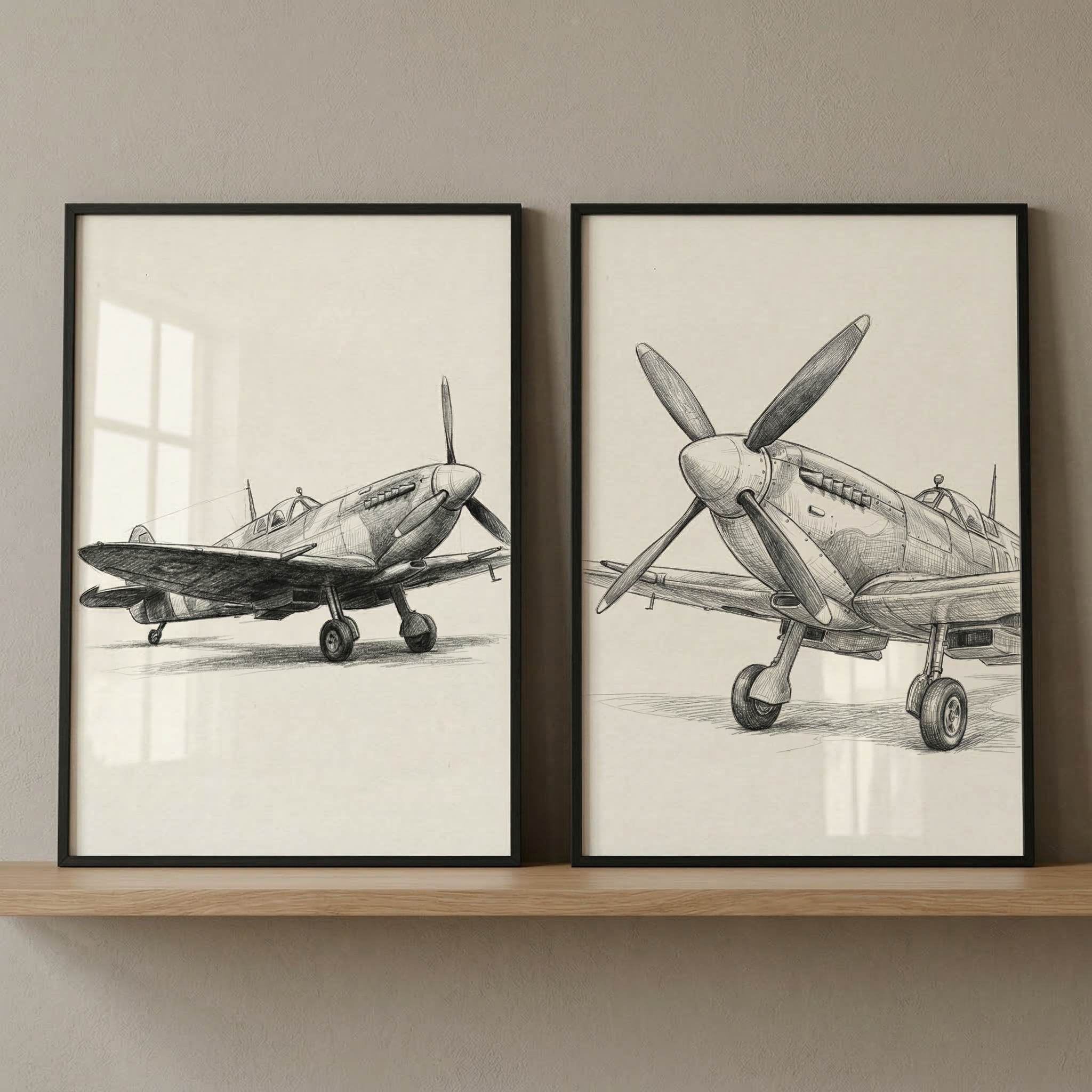 Vintage Propeller Plane Wall Art Set of 2 - Vintage Aircraft Sketch