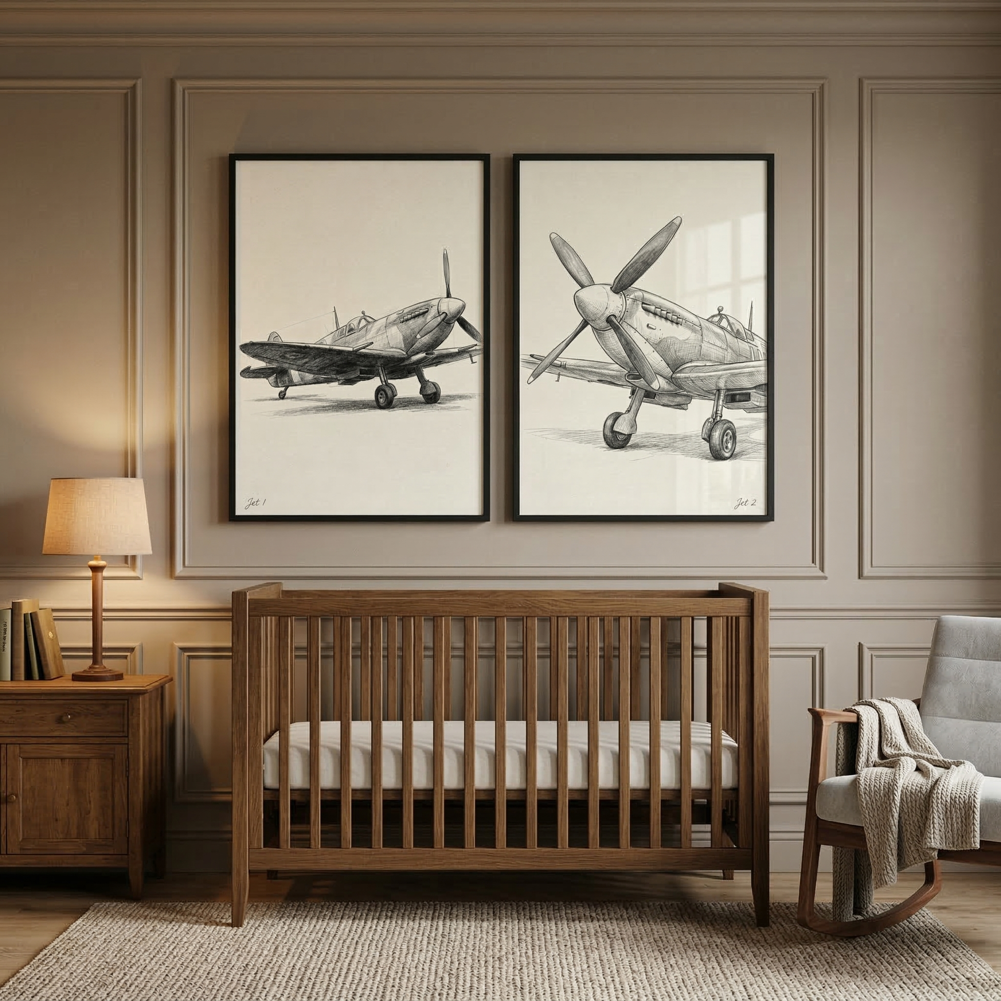 Vintage Propeller Plane Wall Art Set of 2 - Vintage Aircraft Sketch