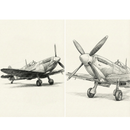 Two pencil drawings show vintage propeller aircraft from different angles. On the left, a plane is viewed from the side on the ground with its landing gear down. On the right, a closer front angle emphasizes the large propeller blades, rounded nose, and cockpit canopy.

