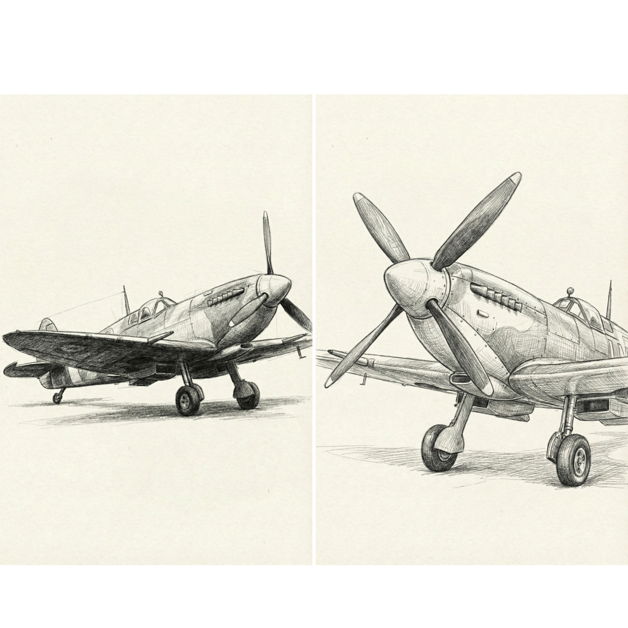 Two pencil drawings show vintage propeller aircraft from different angles. On the left, a plane is viewed from the side on the ground with its landing gear down. On the right, a closer front angle emphasizes the large propeller blades, rounded nose, and cockpit canopy.
