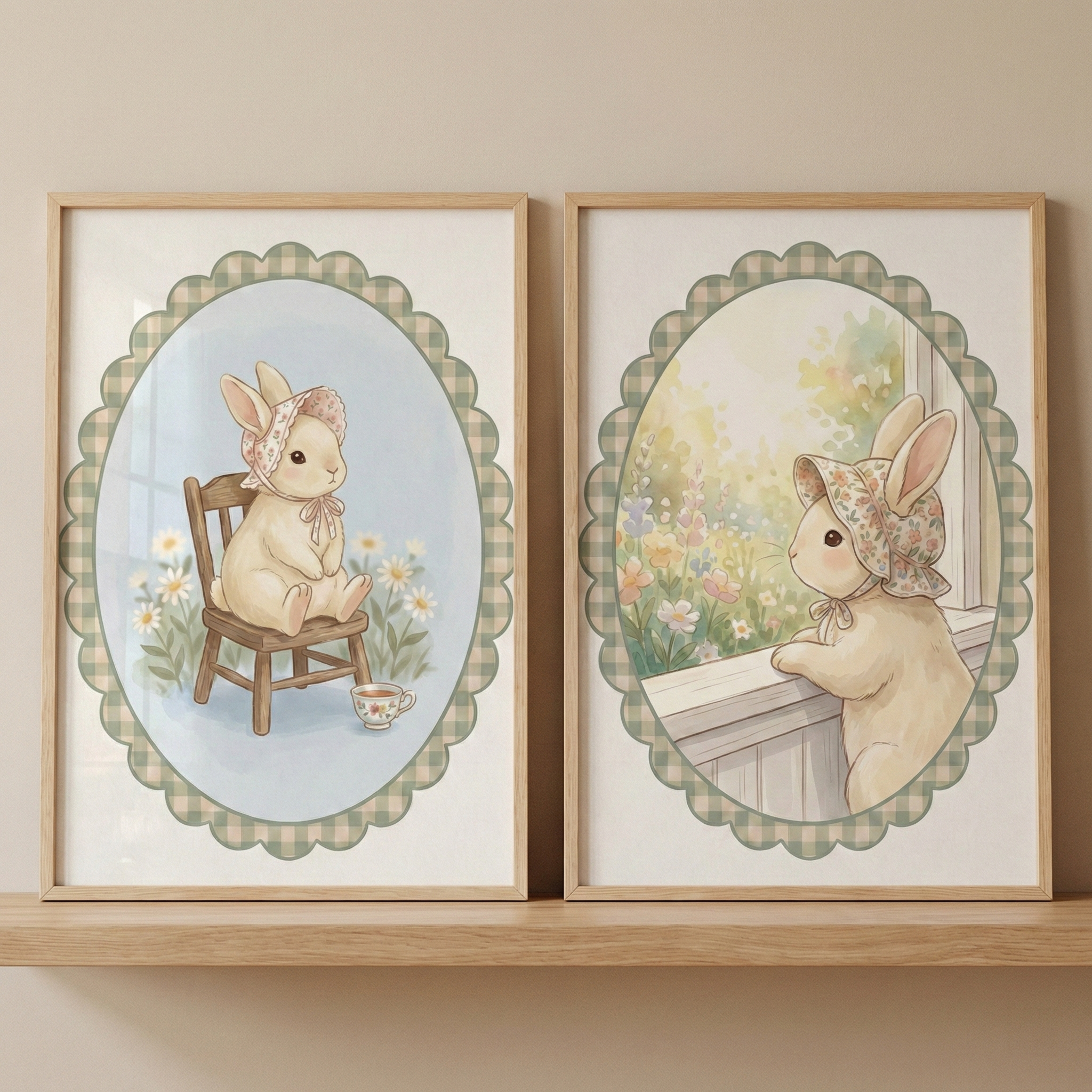 Vintage Rabbit Wall Art Set of 2 - Cottage Bunny Duo