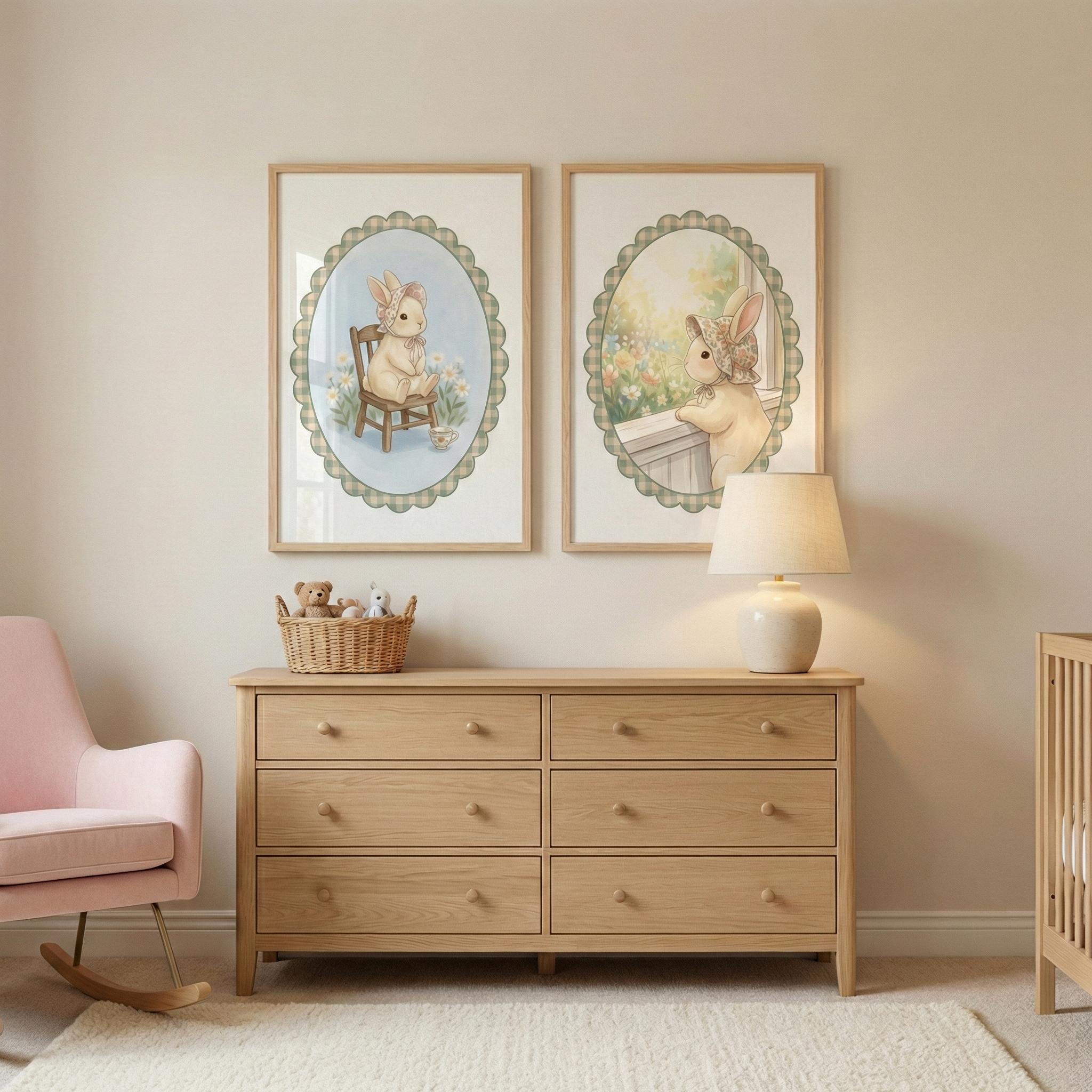 Vintage Rabbit Wall Art Set of 2 - Cottage Bunny Duo