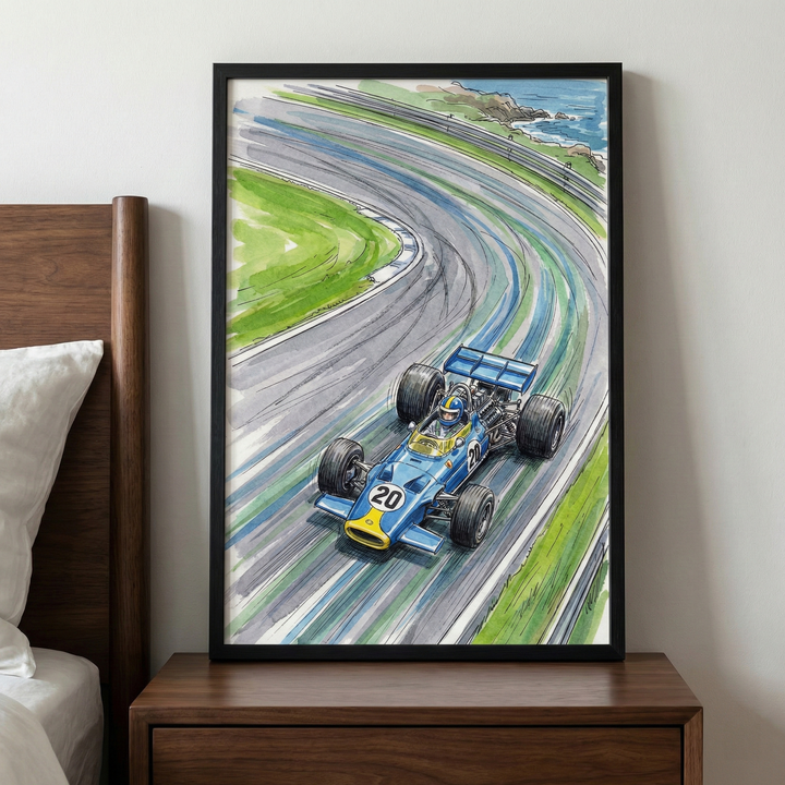 A framed hand-drawn illustration of a blue vintage-style open-wheel race car speed around a sweeping curve on a racetrack. The vehicle features the number 20 in white circles and yellow accents on the front. The track is rendered with dynamic motion lines, bordered by bright green grass, with a glimpse of a blue sea and rocky coastline in the distance. The artwork is encased in a simple black frame and is displayed on a wooden nightstand next to a bed.