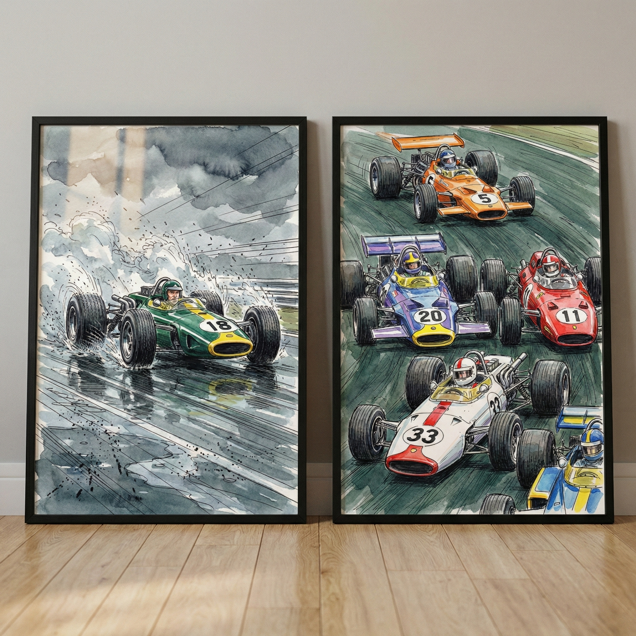 Two framed illustrations of vintage open-wheel racing cars lean against a light wall. The artwork on the left features a green and yellow car, number 18, speeding through heavy rain with dramatic splashes of water. The artwork on the right depicts a pack of colorful racing cars in orange, red, white, and purple, with numbers like 5, 11, 33, and 20, competing on a track. Both pieces use a dynamic, hand-drawn style to capture the energy of mid-20th-century motor racing.