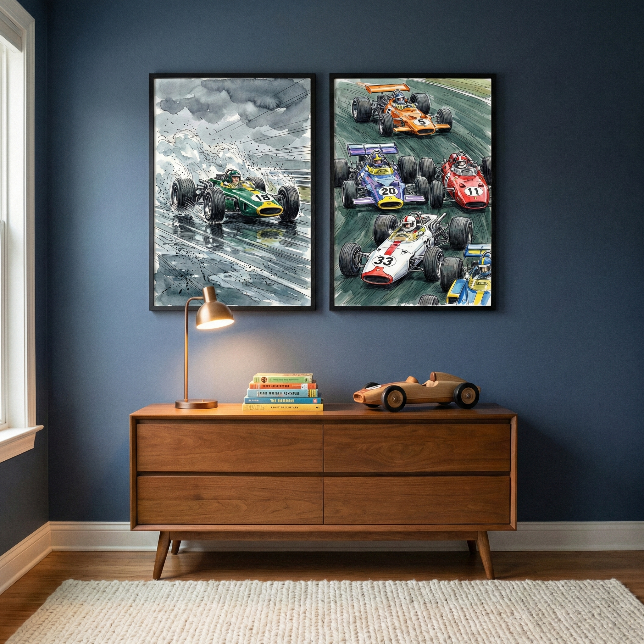 A room features a deep navy blue wall serving as the backdrop for two framed illustrations of vintage open-wheel racing cars. The frame on the left shows a single green car with the number 18 racing through heavy rain, with splashes of water kicked up behind it. The frame on the right depicts a competitive pack of several colorful cars, including a white car with number 33 and a purple car with number 20, as they navigate a turn on a track.

