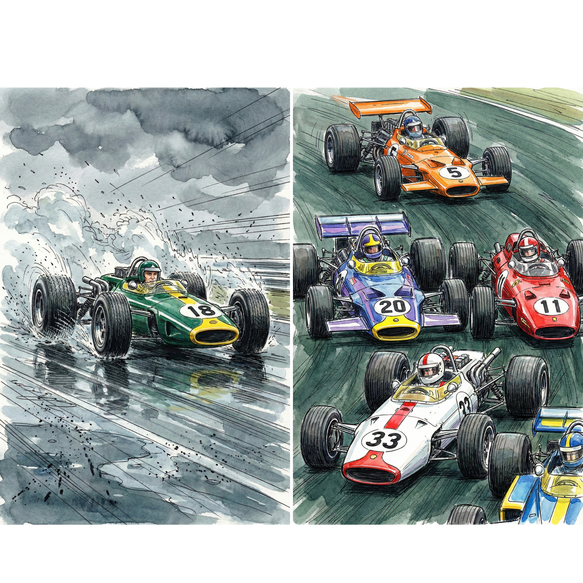 A dramatic racing themed wall art showing a close up of a vintage driver wearing goggles inside a red race car. Additional scenes capture cars accelerating through rain and tight curves on the track. The detailed watercolor style makes this a bold statement piece for a playroom office or hobby room.
