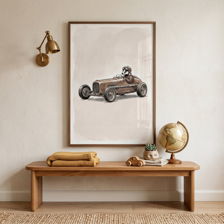 Vintage race car badger wall art hangs above a wooden bench with a globe, toy car, and brass lamp.