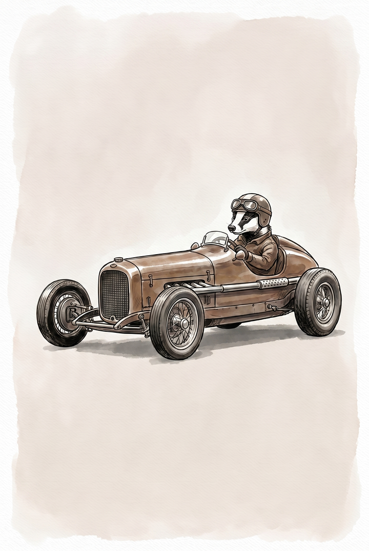 A badger in a helmet and goggles drives a brown open-wheel vintage race car badger wall art.