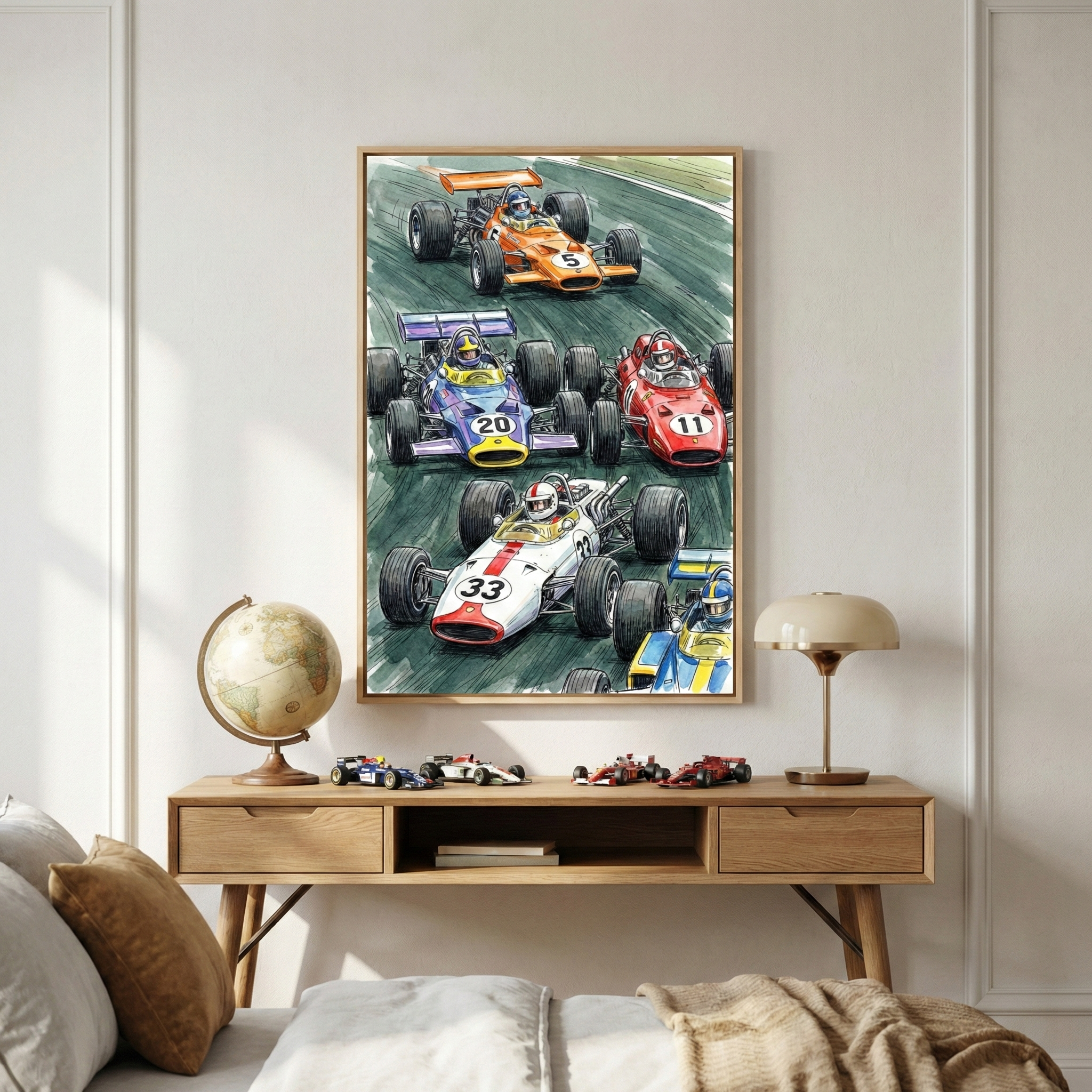 A framed artwork depicting vintage race cars in vibrant colors hangs above a wooden console table. The table is adorned with a globe and miniature car models, and a modern lamp adds a touch of elegance to the room's decor.