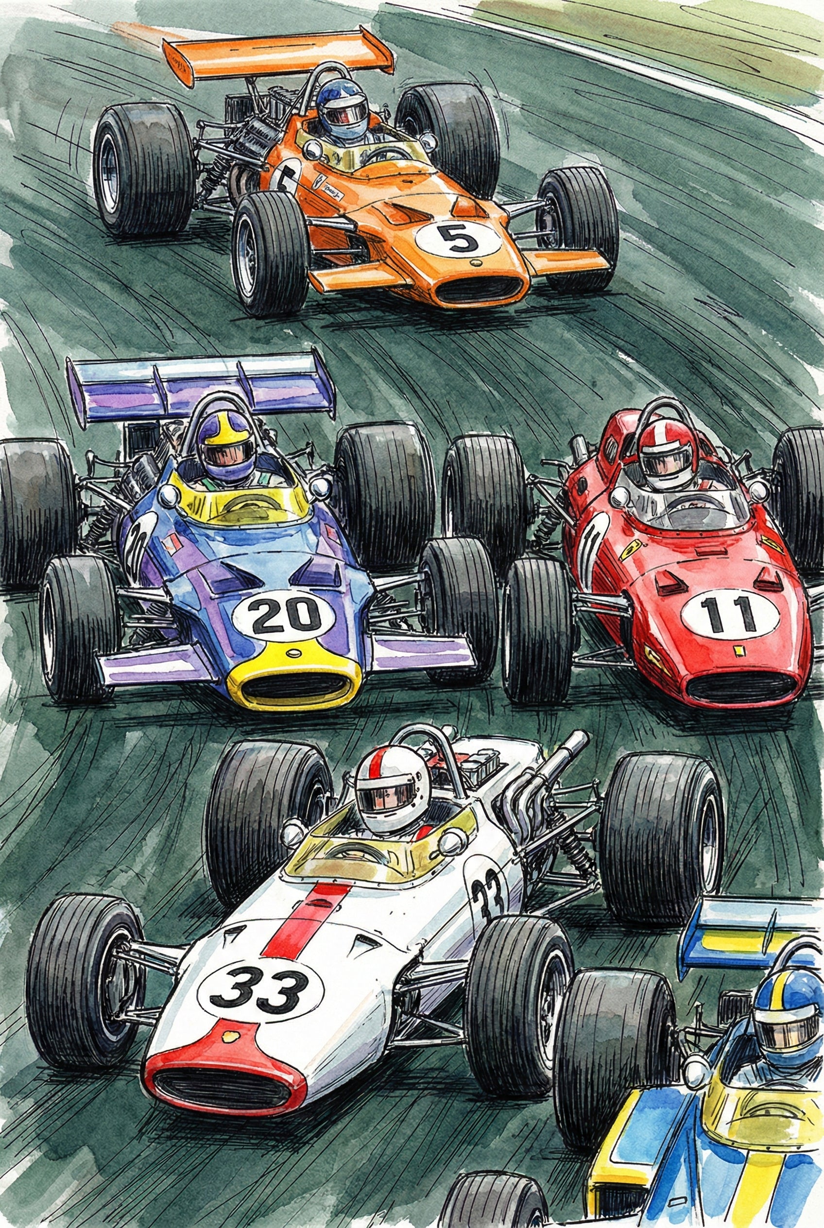 A high-angle watercolor and ink illustration of several vintage open-wheel racing cars speeding on a track. At the top, an orange car with the number 5 leads. In the middle, a blue and purple car numbered 20 competes closely with a red car numbered 11. In the foreground, a white car with a red stripe and number 33 heads toward the viewer. The artwork uses fluid color washes and detailed black outlines to show engine parts, suspension, and tires, with motion lines conveying speed.
