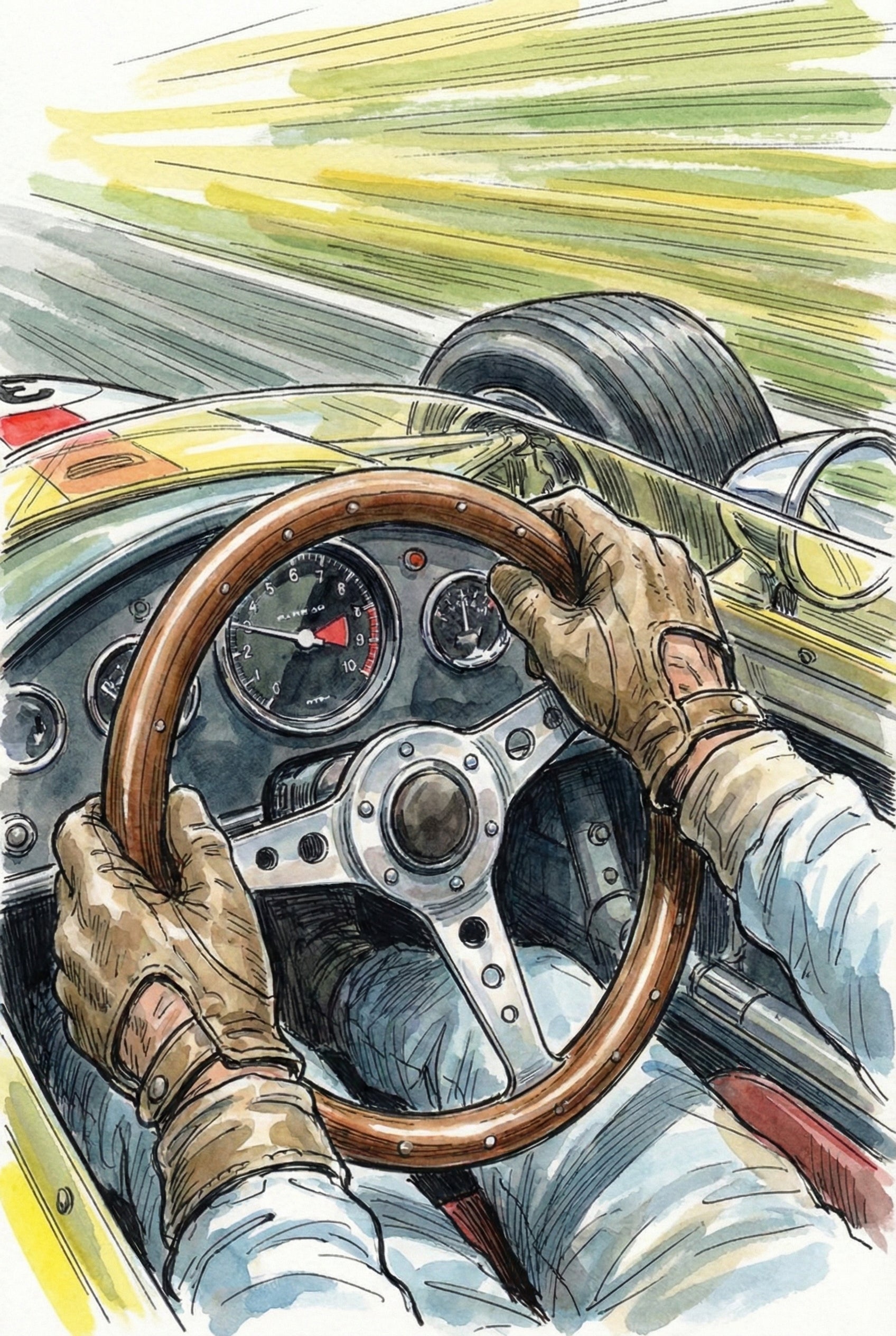A first-person view from a vintage race car's cockpit in a watercolor and ink art piece. Hands in tan leather gloves grip a wood-rimmed steering wheel. The dashboard has circular analog gauges. The driver wears a white suit and blue pants. Part of the car's yellow body and front tire are visible against a blurred background of green and yellow streaks, conveying intense speed. The style uses dynamic ink lines and vibrant washes to capture a sense of action on a racetrack.
