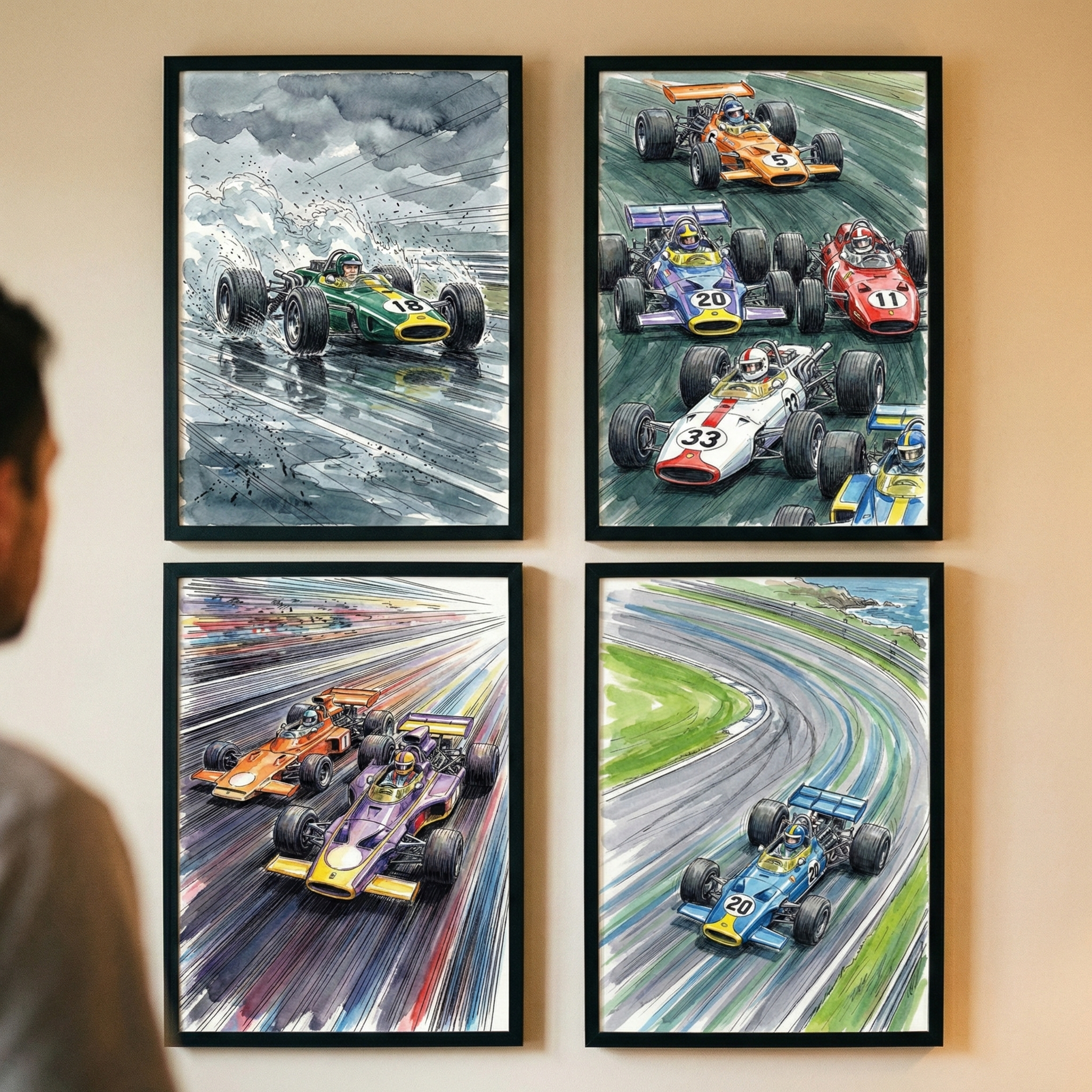 Four framed illustrations of vintage-style open-wheel race cars are arranged in a square grid on a plain wall. The top-left piece shows a green car splashing through rain. The top-right depicts a cluster of colorful cars in a race. The bottom-left features two cars speeding along a track with vibrant motion lines. The bottom-right shows a blue car navigating a wide curve. A person's head and shoulder are partially visible on the left, looking at the display.