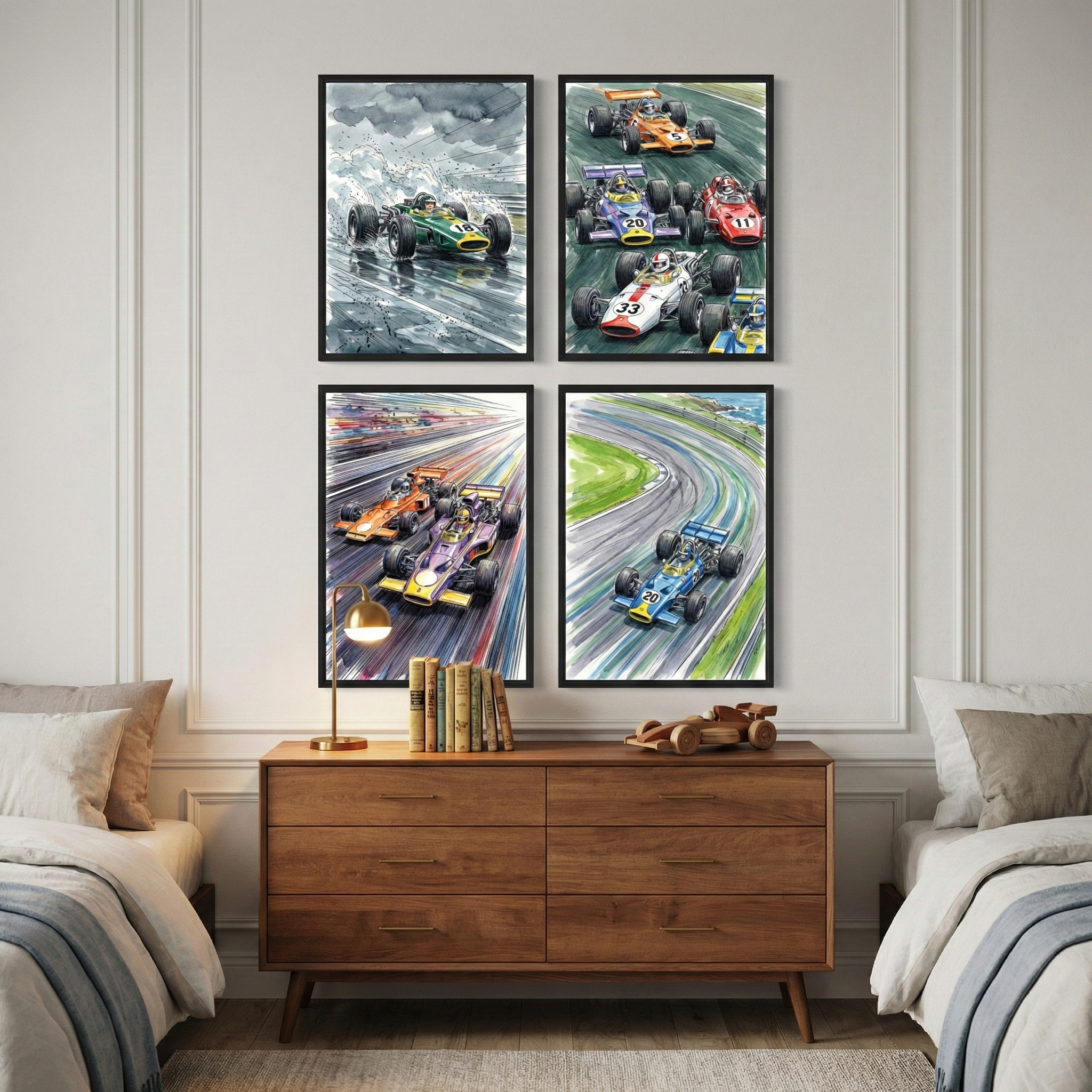 A modern bedroom features a wooden six-drawer dresser between two beds with neutral bedding. Above the dresser hang four framed illustrations of vintage open-wheel racing cars arranged in a grid. The top-left scene shows a green car on a rainy track. The top-right shows a pack of colorful cars in red, purple, and orange. The bottom-left depicts cars with speed-induced light streaks. The bottom-right captures a blue car on a bend. A brass lamp, books, and a wooden toy car sit atop the dresser.