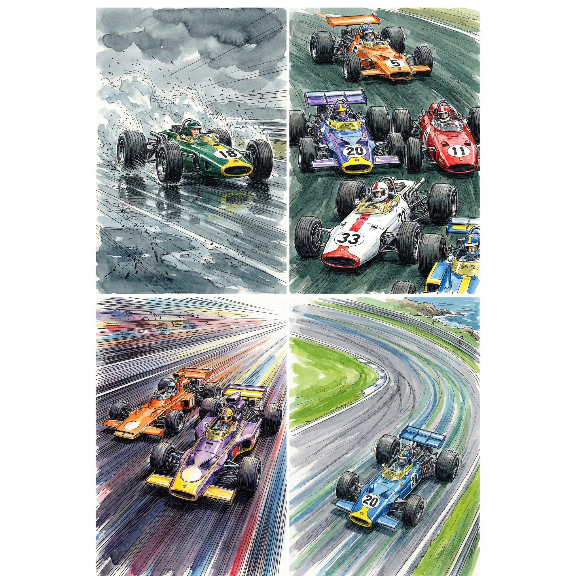 Four energetic watercolor style illustrations of vintage Formula race cars in action on a racetrack. One scene shows a green number 18 car skidding through heavy rain with water spraying dramatically, another captures a tight pack of colorful cars including numbers 5, 20, 11, and 33 racing side by side, while the remaining images highlight two cars battling at high speed with bold motion lines and a blue number 20 car sweeping around a coastal curve. 