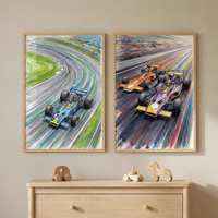Two framed illustrations of open-wheel race cars hang on a neutral wall above a wooden dresser. The left art shows a blue car numbered 20 on a curved track near the coast. The right art depicts an orange car and a purple-and-yellow car racing side-by-side with vibrant motion lines behind them. Both pieces feature a dynamic, sketch-like style with colorful washes. On the dresser sit three simple wooden toys: a car, a stacking toy, and a small horse silhouette.