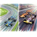 Two dynamic watercolor style illustrations of vintage Formula race cars speeding along a track. One image shows a blue and yellow number 20 car rounding a coastal curve with ocean cliffs in the background, while the other captures an orange and a purple car racing side by side with bold motion lines streaking across the scene. The energetic brushstrokes and vivid colors emphasize speed and competition, making this artwork perfect for motorsport enthusiasts.