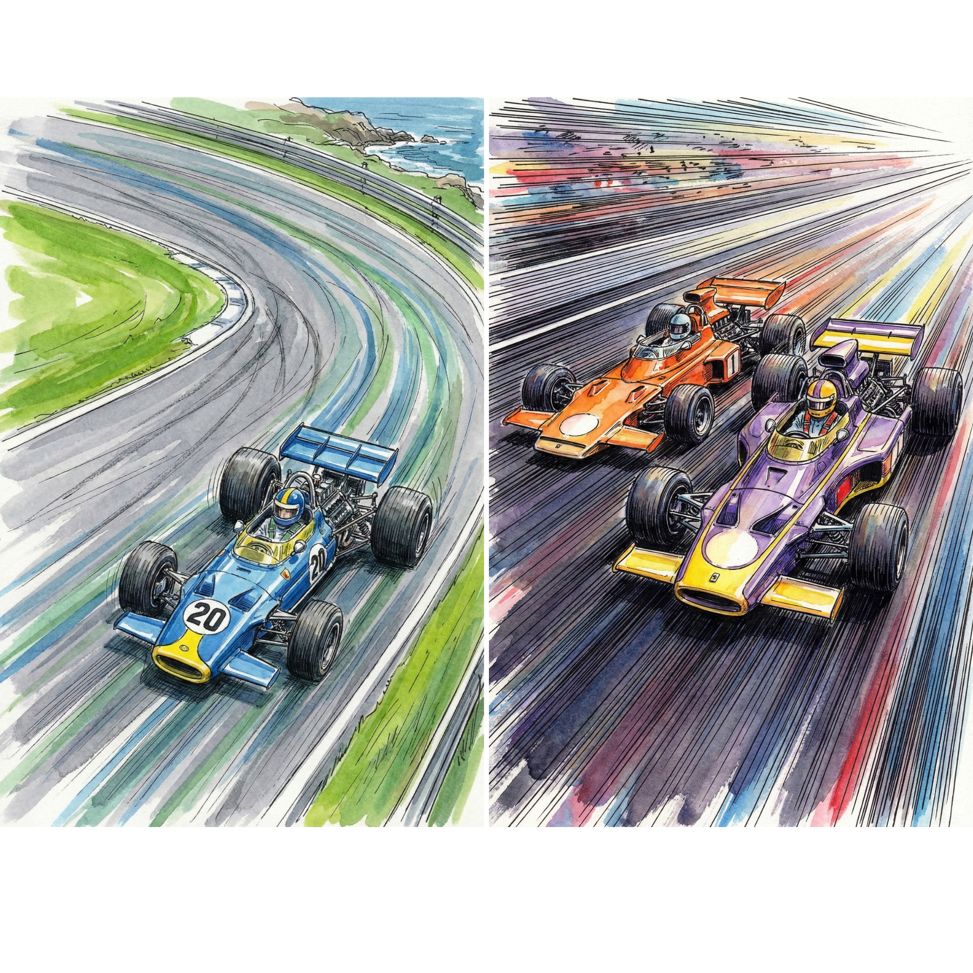 Two dynamic watercolor style illustrations of vintage Formula race cars speeding along a track. One image shows a blue and yellow number 20 car rounding a coastal curve with ocean cliffs in the background, while the other captures an orange and a purple car racing side by side with bold motion lines streaking across the scene. The energetic brushstrokes and vivid colors emphasize speed and competition, making this artwork perfect for motorsport enthusiasts.
