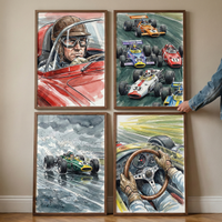 Four framed illustrations in a watercolor and ink style depict scenes from vintage open-wheel racing. The top-left shows a close-up of a driver in a red car wearing a classic helmet and goggles. Top-right captures multiple colorful cars on a track. Bottom-left features a green and yellow car speeding through rain. Bottom-right is a first-person view of gloved hands on a wooden steering wheel. A hand adjusts one of the thin wood frames mounted on a plain wall.