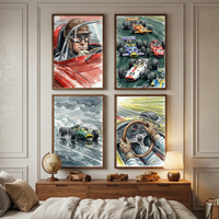 A set of four framed vintage-style motor racing illustrations hung in a square arrangement on a neutral-colored wall. The top-left image features a close-up of a driver in a classic leather helmet. The top-right shows multiple colorful vintage race cars on a track. The bottom-left depicts a green open-wheel car on a rainy track. The bottom-right provides a driver's perspective from behind a steering wheel.