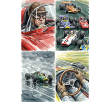 Four vintage Formula 1 racing illustrations in a watercolor sketch style. Scenes include a close up portrait of a driver in a red race car wearing goggles and a leather helmet, multiple colorful open wheel cars competing on track with visible numbers 5, 20, 11, and 33, a green number 18 car speeding through rain with water spraying behind it, and a cockpit view showing gloved hands gripping a wooden steering wheel at high speed.
