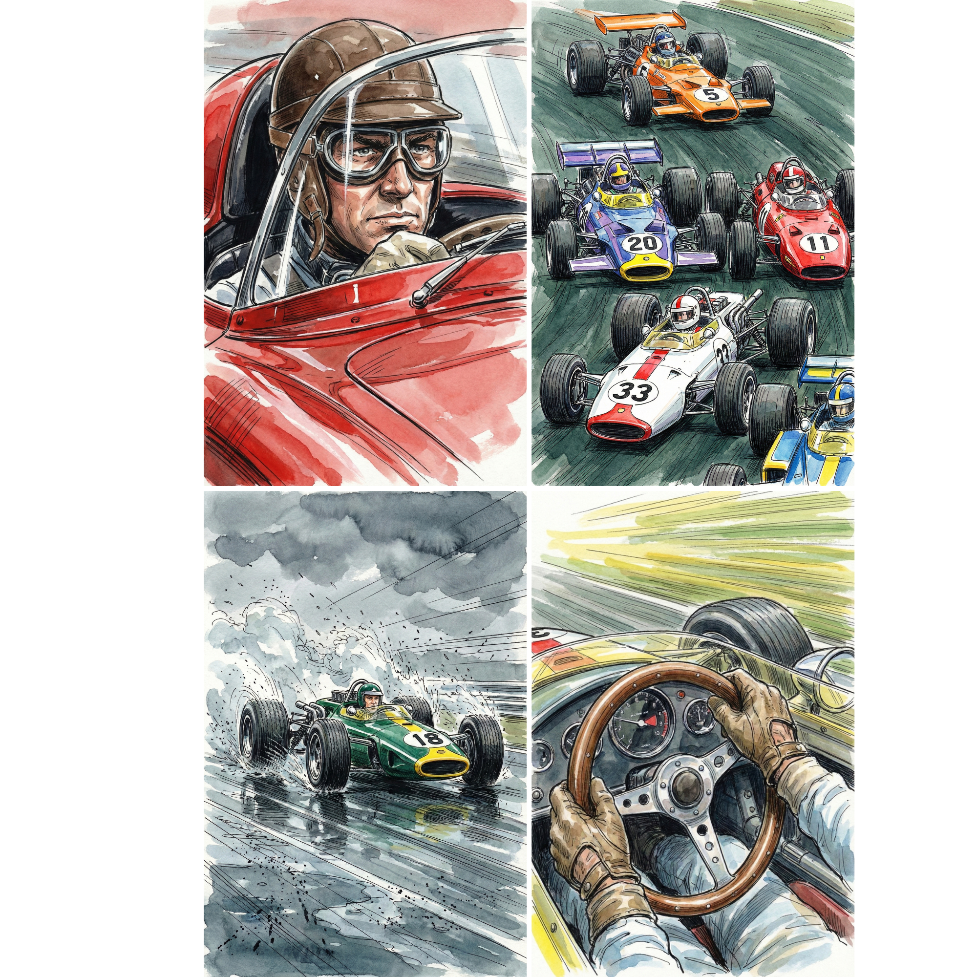 Four vintage Formula 1 racing illustrations in a watercolor sketch style. Scenes include a close up portrait of a driver in a red race car wearing goggles and a leather helmet, multiple colorful open wheel cars competing on track with visible numbers 5, 20, 11, and 33, a green number 18 car speeding through rain with water spraying behind it, and a cockpit view showing gloved hands gripping a wooden steering wheel at high speed.

