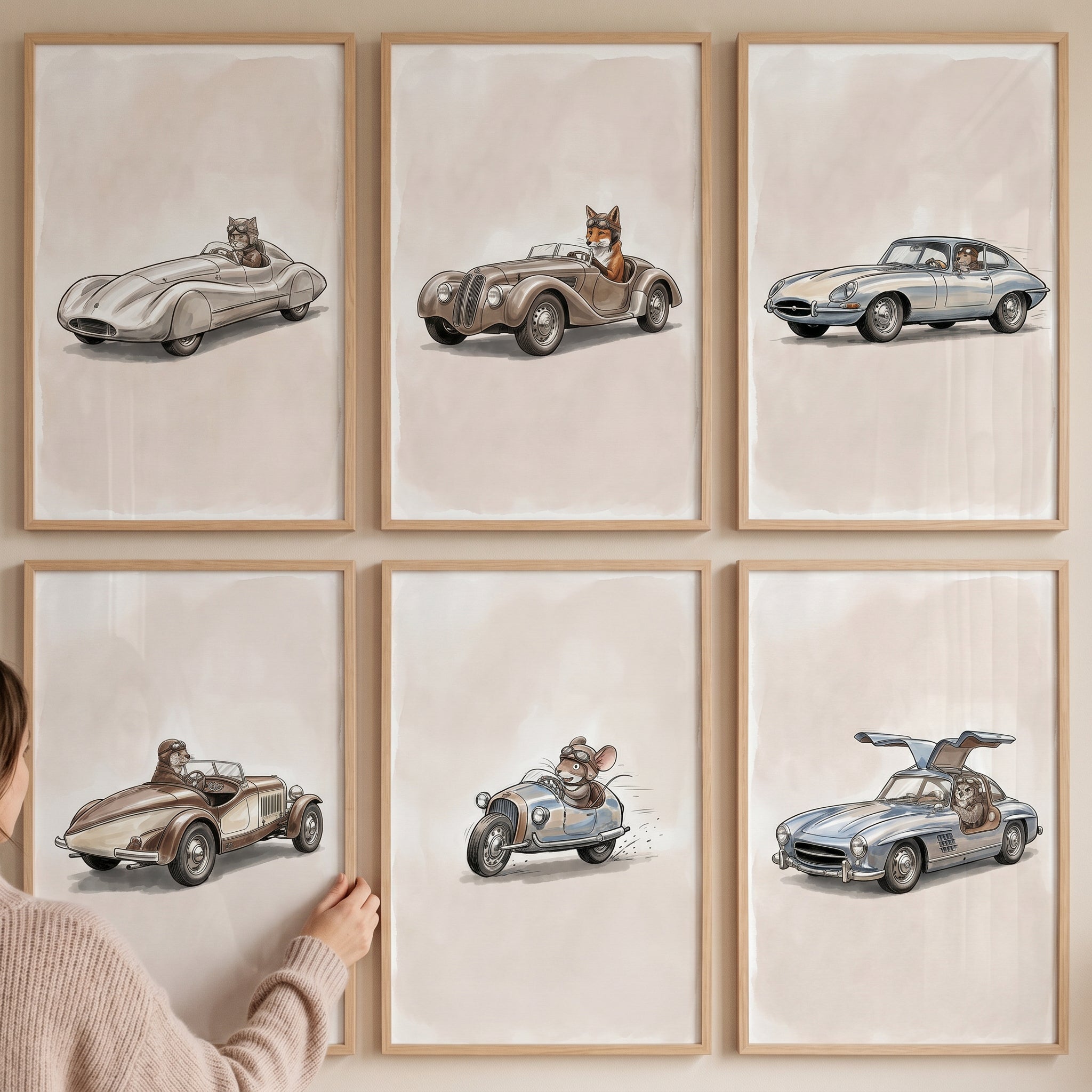 Vintage Racing Animal Car Wall Art Set of 6 - Whimsical Animal Racers
