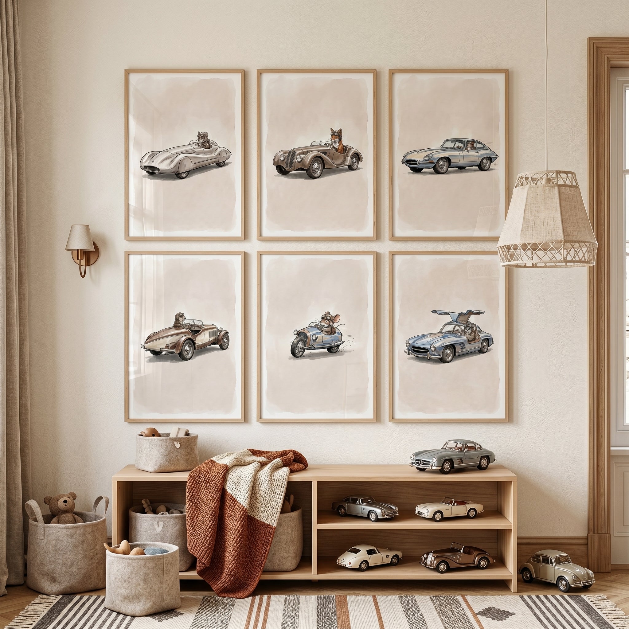 Vintage Racing Animal Car Wall Art Set of 6 - Whimsical Animal Racers