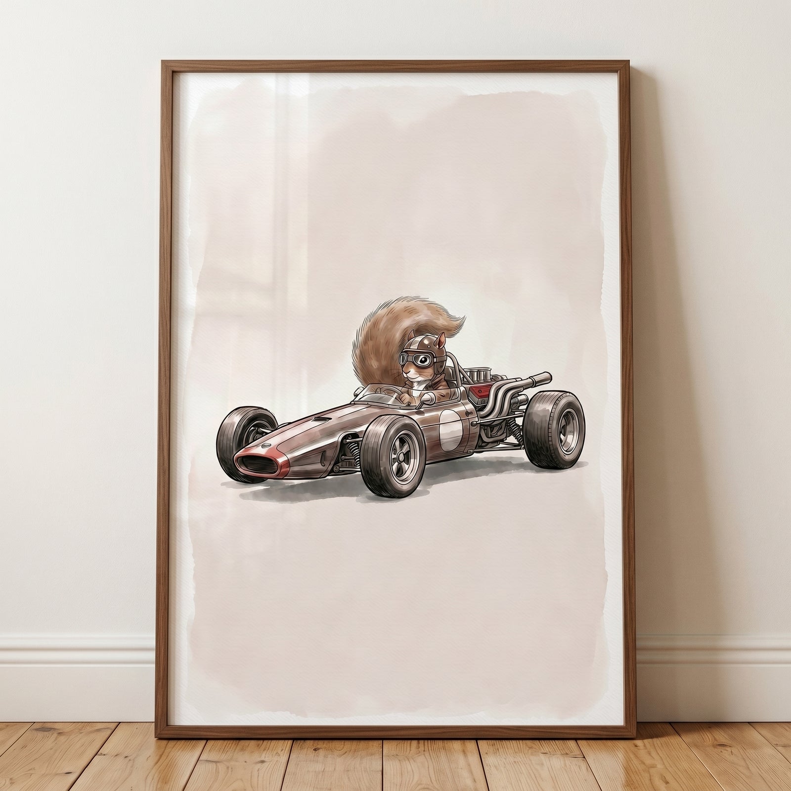 Vintage racing car squirrel wall art showing a squirrel in goggles driving a classic race car in a brown frame.