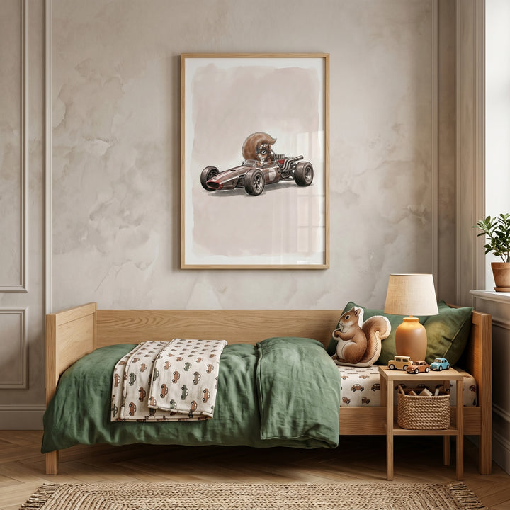 Vintage racing car squirrel wall art hangs above a child's bed with green bedding and a squirrel-shaped cushion.