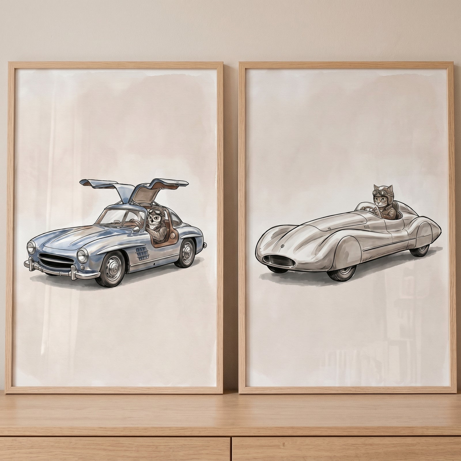 Vintage racing car wall art set of 2 with an owl and a cat driving classic silver cars in wooden frames.