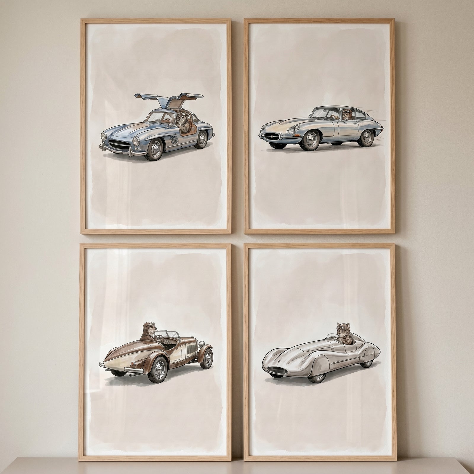 Animals wearing goggles drive classic cars in a vintage racing woodland animal wall art set of 4 in light wood frames.