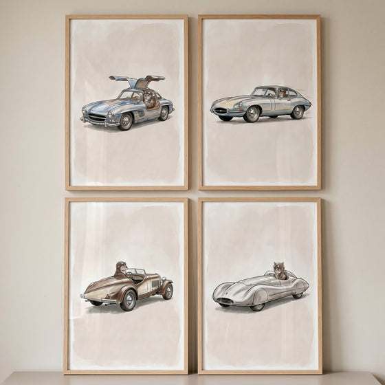 Animals wearing goggles drive classic cars in a vintage racing woodland animal wall art set of 4 in light wood frames.
