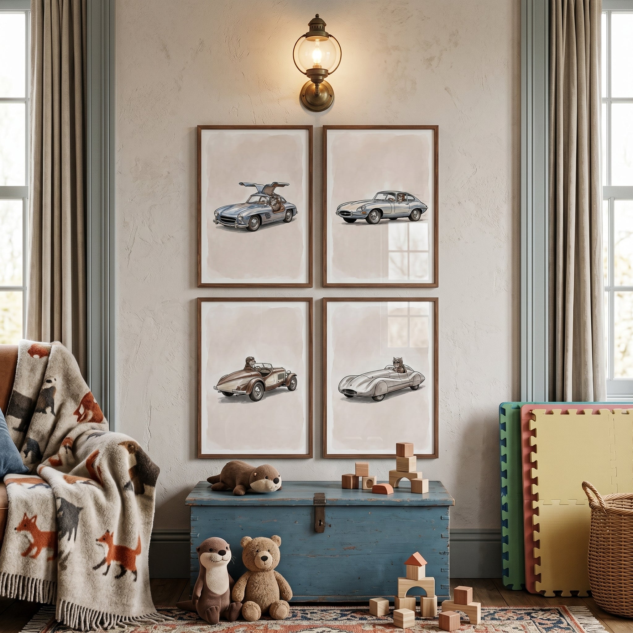 Vintage Racing Woodland Animal Wall Art Set of 4 - Classic Motor Critters