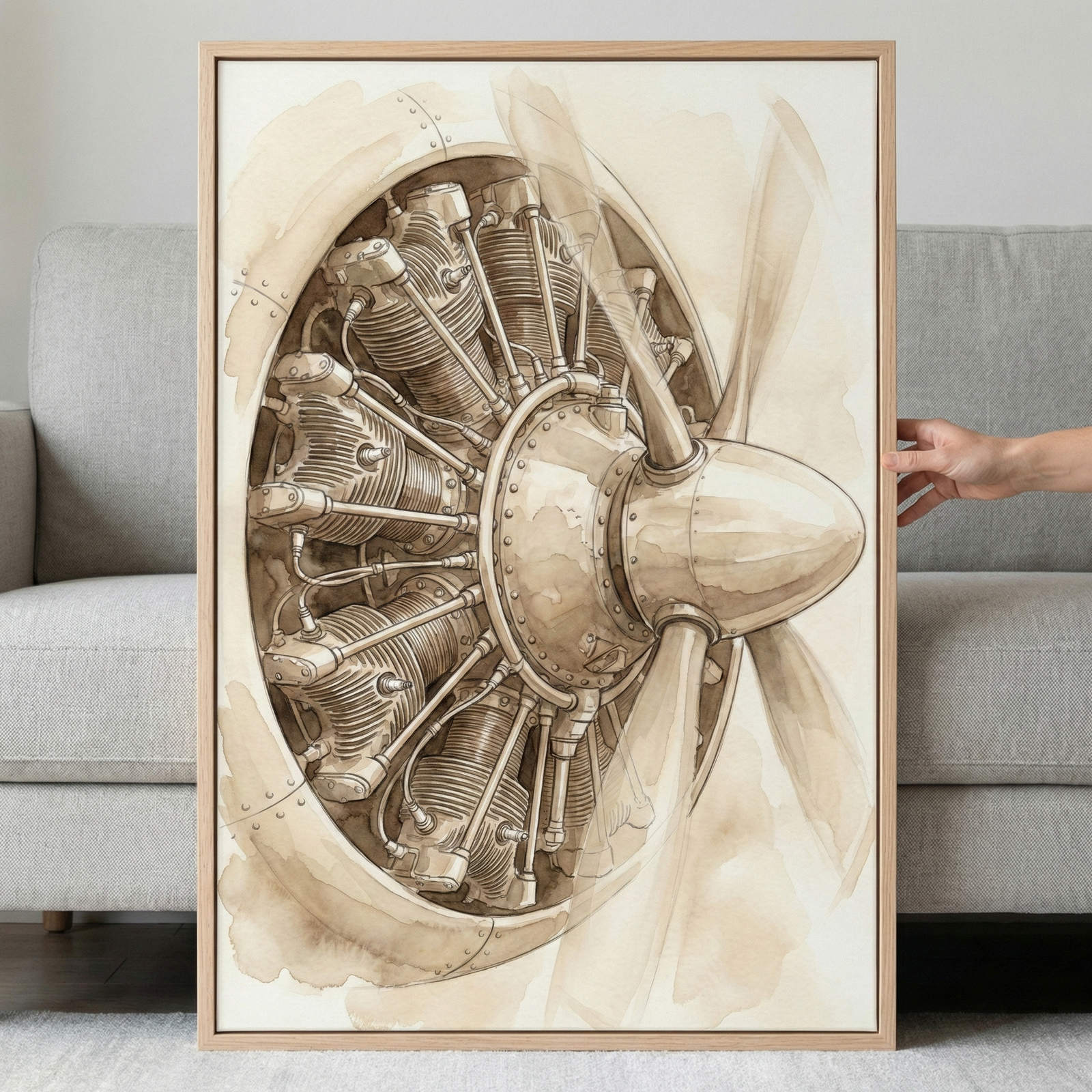 A vertical framed artwork featuring a detailed sepia-toned illustration of a vintage radial aircraft engine. The technical drawing uses fine lines and soft, ink-like washes in shades of brown and cream to depict the intricate cylinders and mechanical components. A central propeller hub is prominently featured, with blades that appear slightly blurred to suggest motion. The large piece is held in a light-colored wooden frame, set against a modern interior with a grey sofa and a light-colored rug.