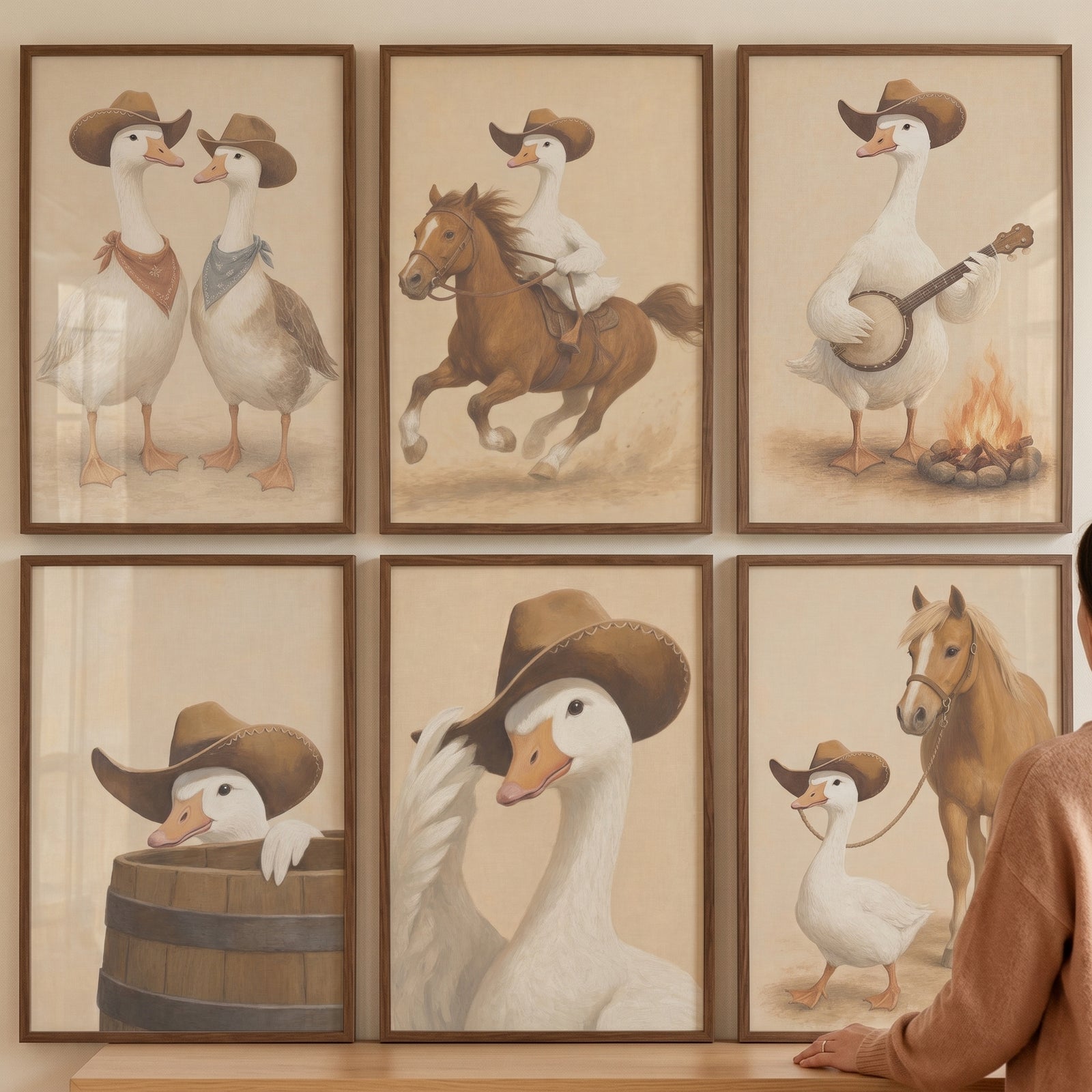 vintage rancher cowboy goose wall art set of 6 featuring geese wearing hats, riding horses, and playing a banjo.