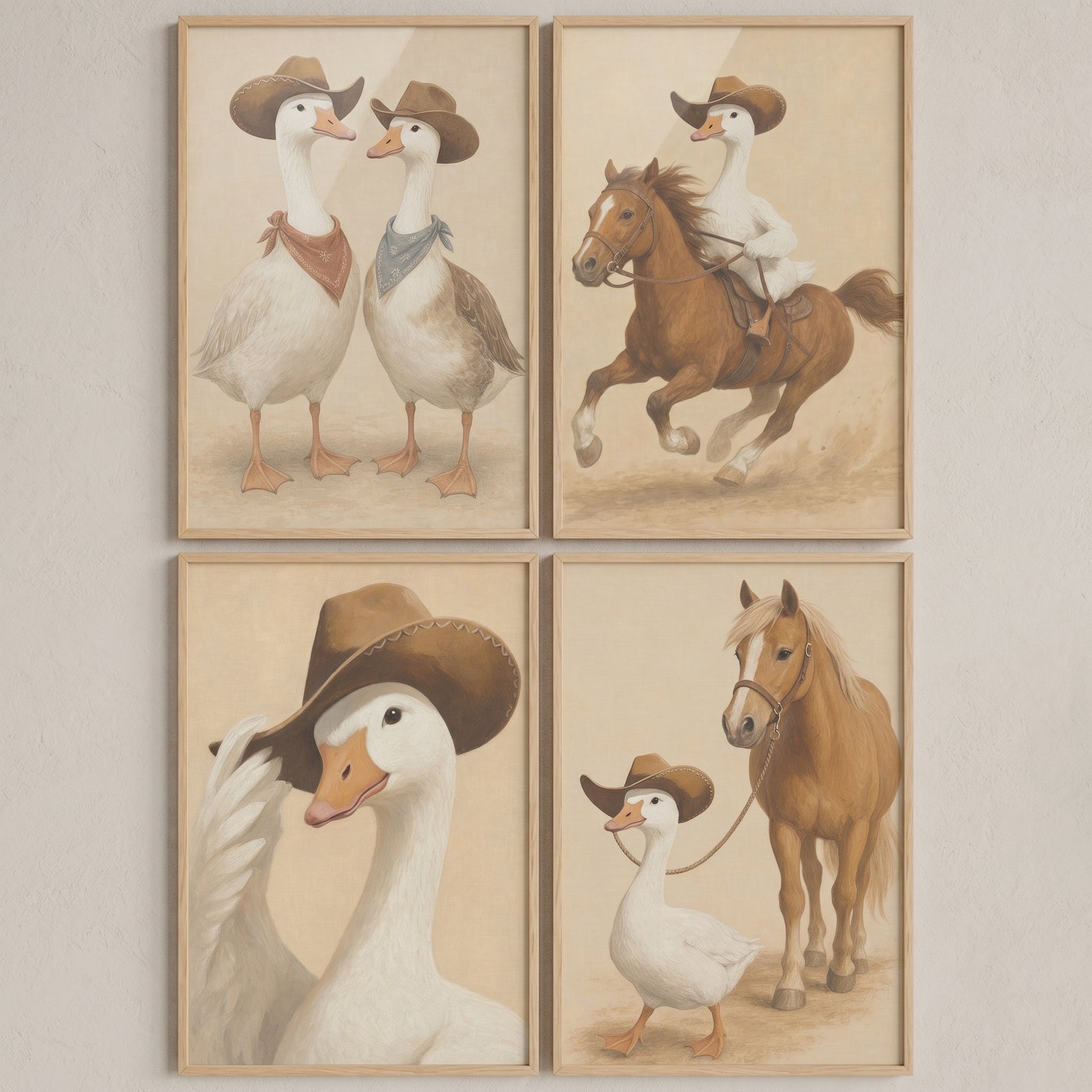 Vintage rancher white goose wall art set of 4 depicts geese in cowboy hats and bandanas riding and leading horses.