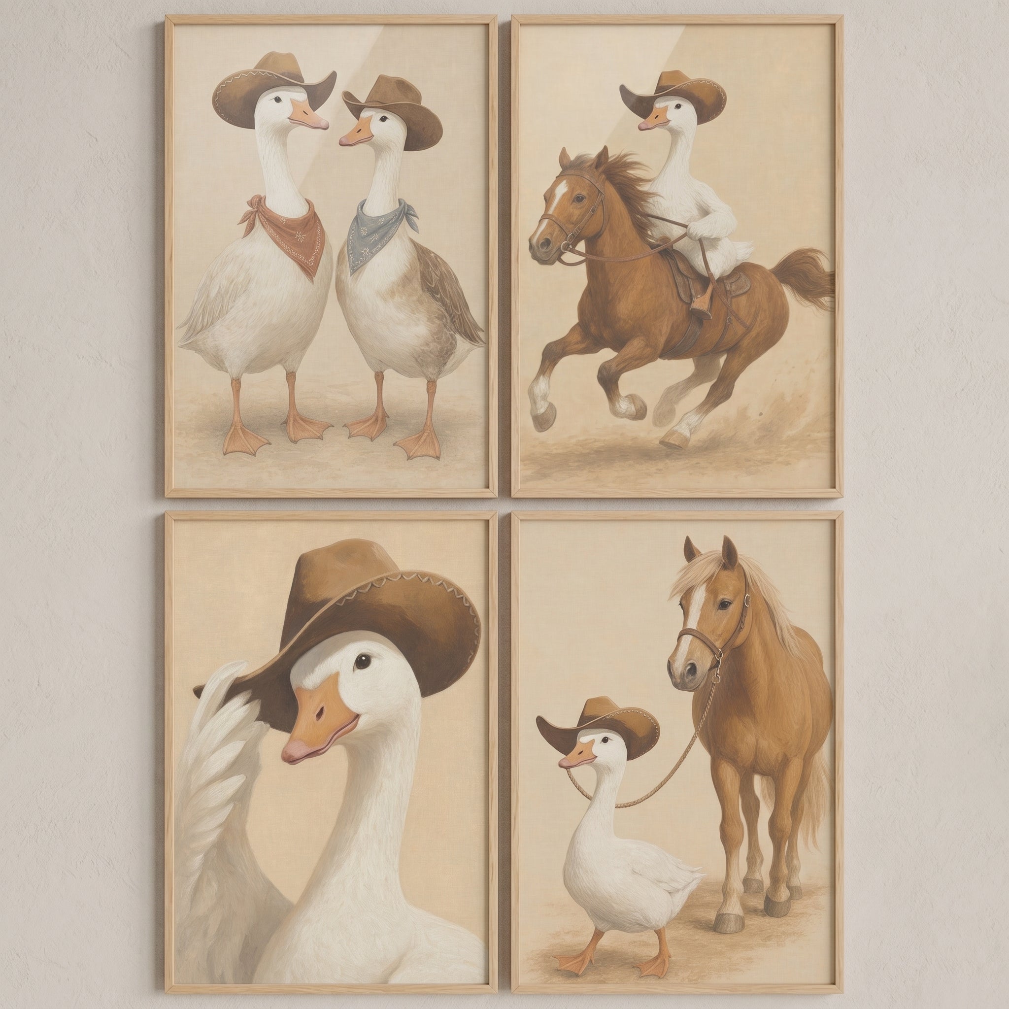 Vintage Rancher White Goose Wall Art Set of 4 - Galloping Gander