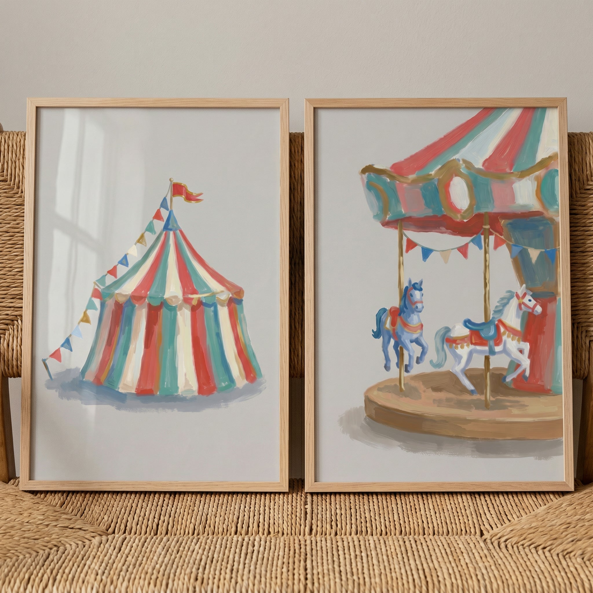 Vintage Red Teal Carnival Wall Art Set of 2 - Whimsical Carnival Fun