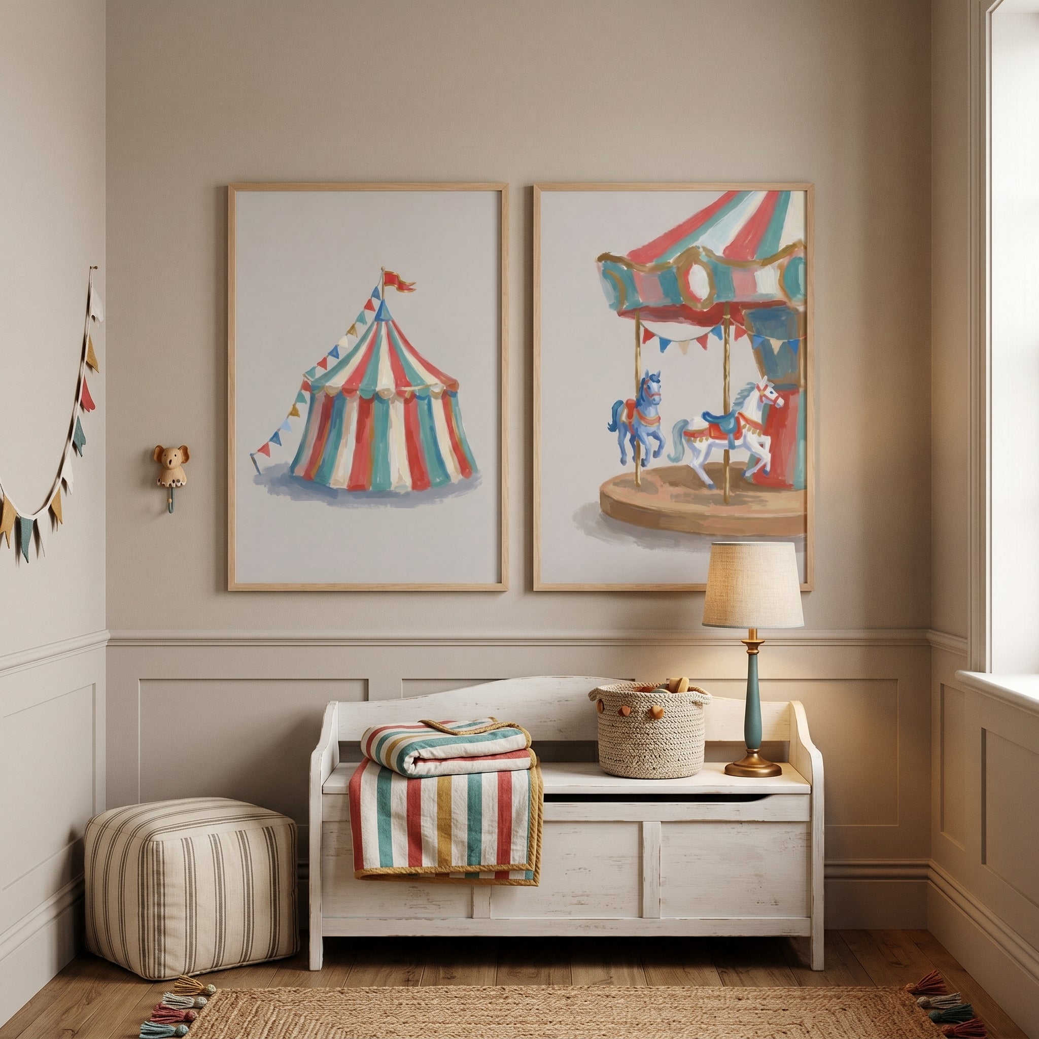 Vintage Red Teal Carnival Wall Art Set of 2 - Whimsical Carnival Fun
