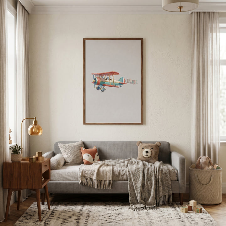 Grey sofa with animal pillows and vintage red wing biplane wall art on the cream wall above a patterned rug.