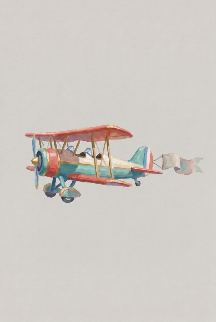 Vintage red wing biplane wall art with a teal body and a trailing banner against a neutral background.