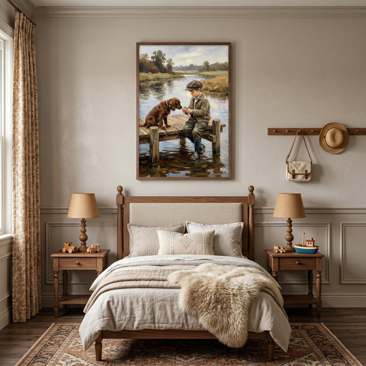 Neutral bedroom features vintage river fishing boy wall art above a wooden bed with matching nightstands and lamps.