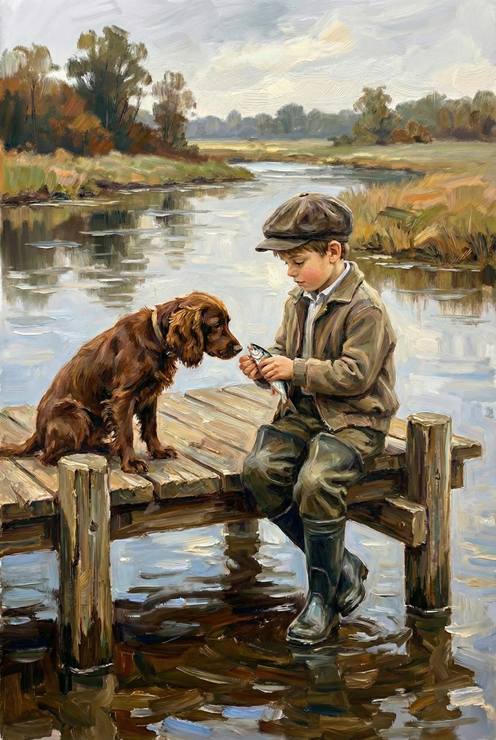 A child sits on a wooden dock holding a small fish while a brown dog looks on closely, with reflective water surrounding the scene.
