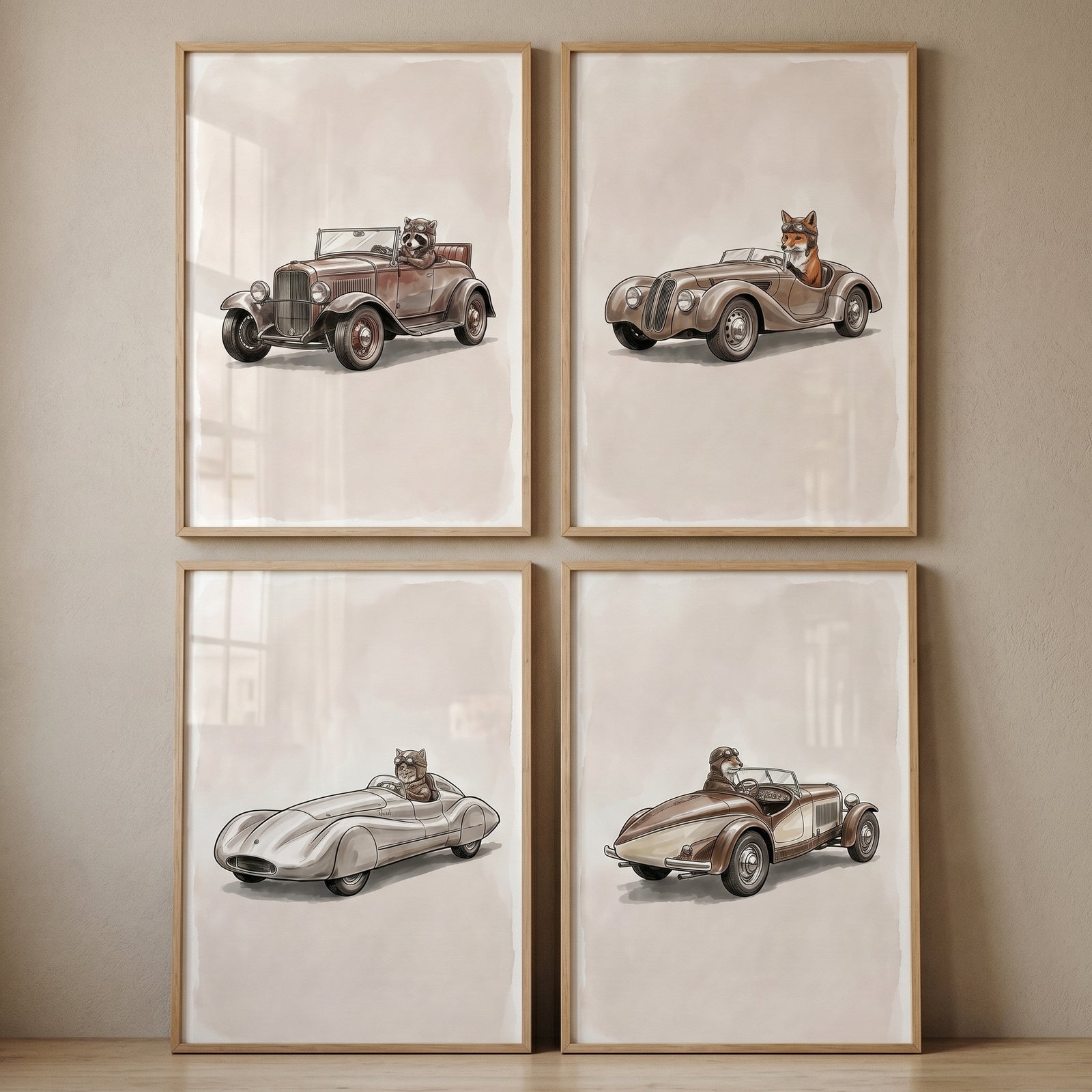 Vintage roadster cruising animal wall art set of 4 featuring a raccoon, fox, and other animals in classic roadsters.