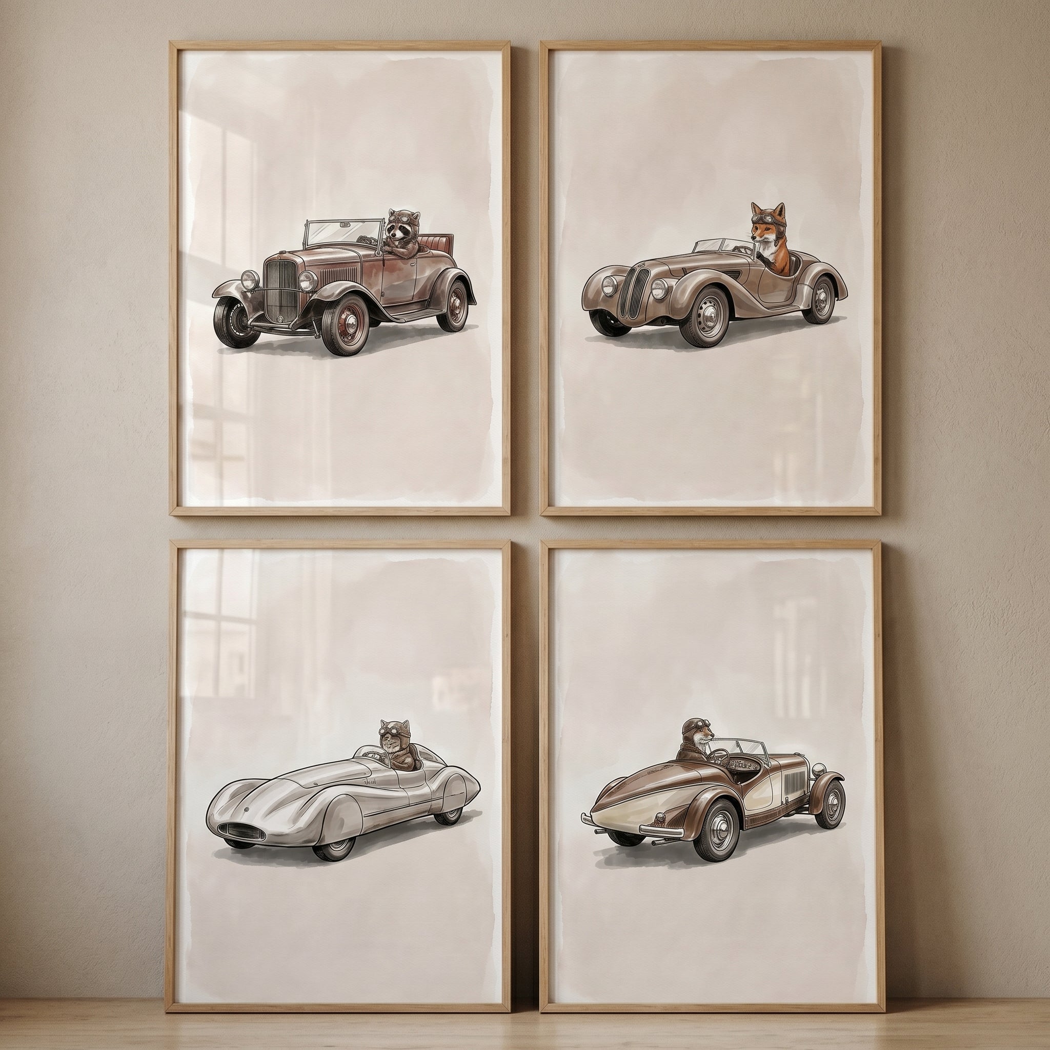 Vintage Roadster Cruising Animal Wall Art Set of 4 - Vintage Animal Drivers