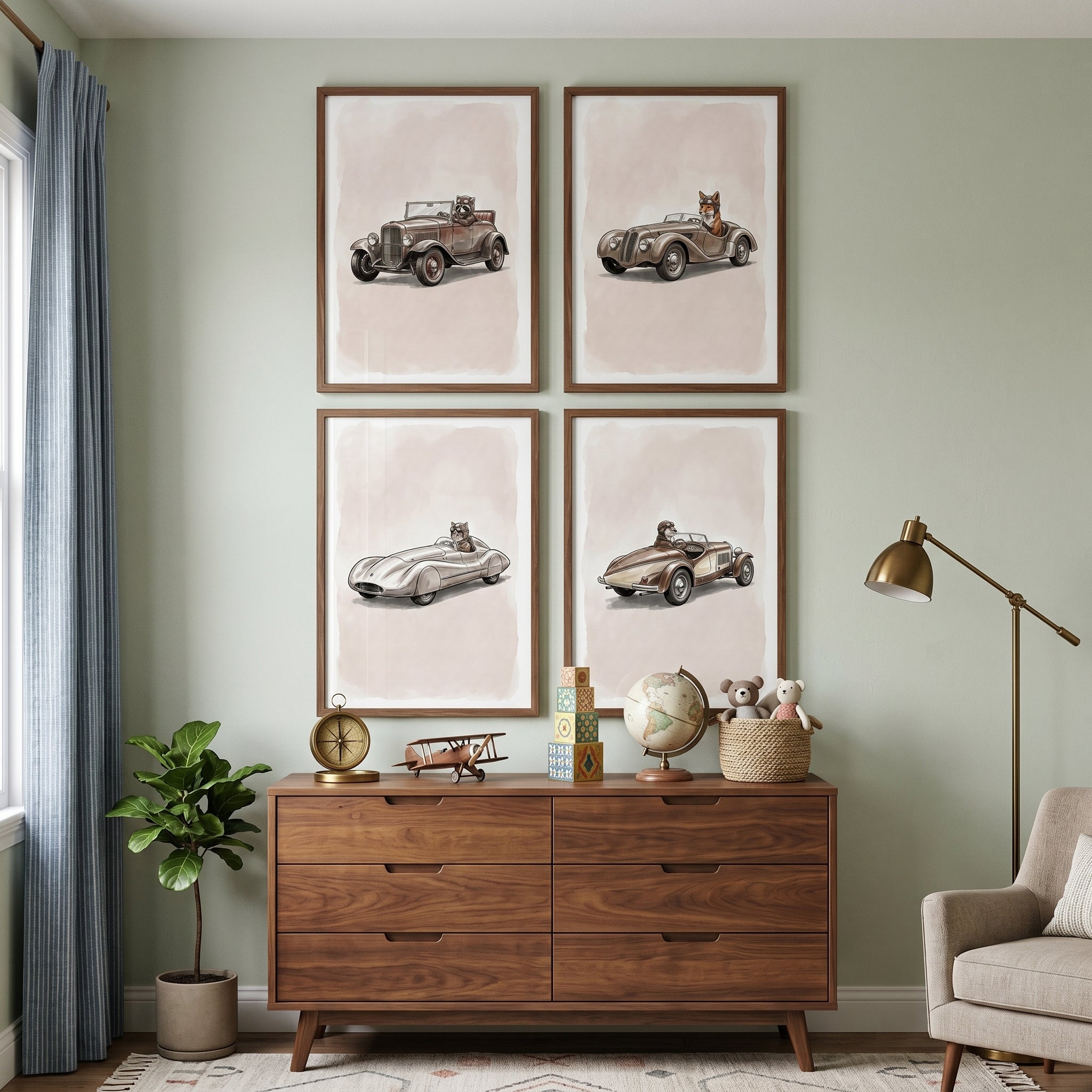 Vintage Roadster Cruising Animal Wall Art Set of 4 - Vintage Animal Drivers