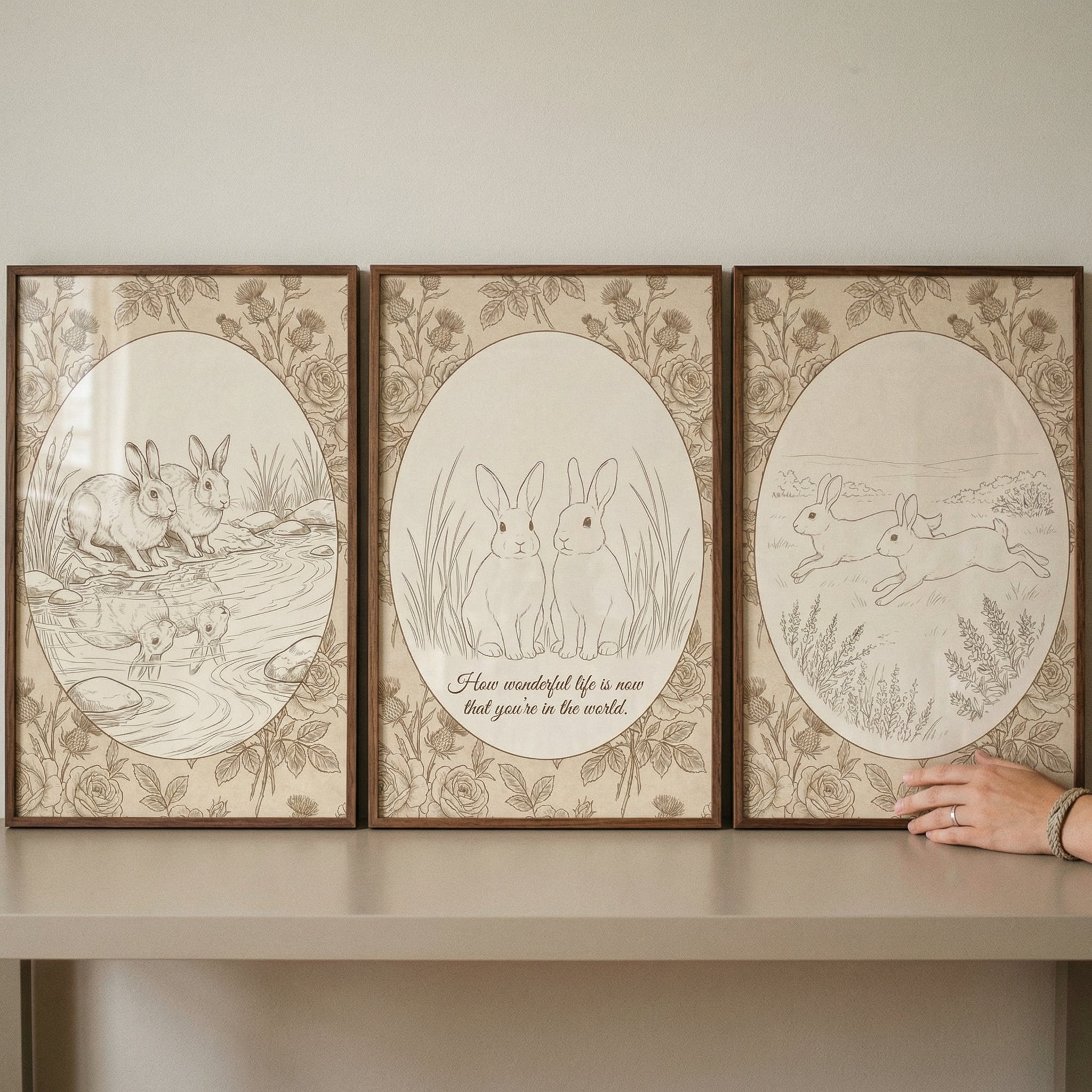 Vintage Rose Border Rabbit Wall Art Set of 3 - Vintage Bunny Trio