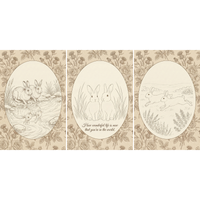 A three panel collage of vintage rabbit illustrations surrounded by rose patterned borders. The panels show rabbits by a reflective stream two rabbits sitting in grass with the text "HOW WONDERFUL LIFE IS NOW THAT YOU'RE IN THE WORLD" and rabbits running through a field.

