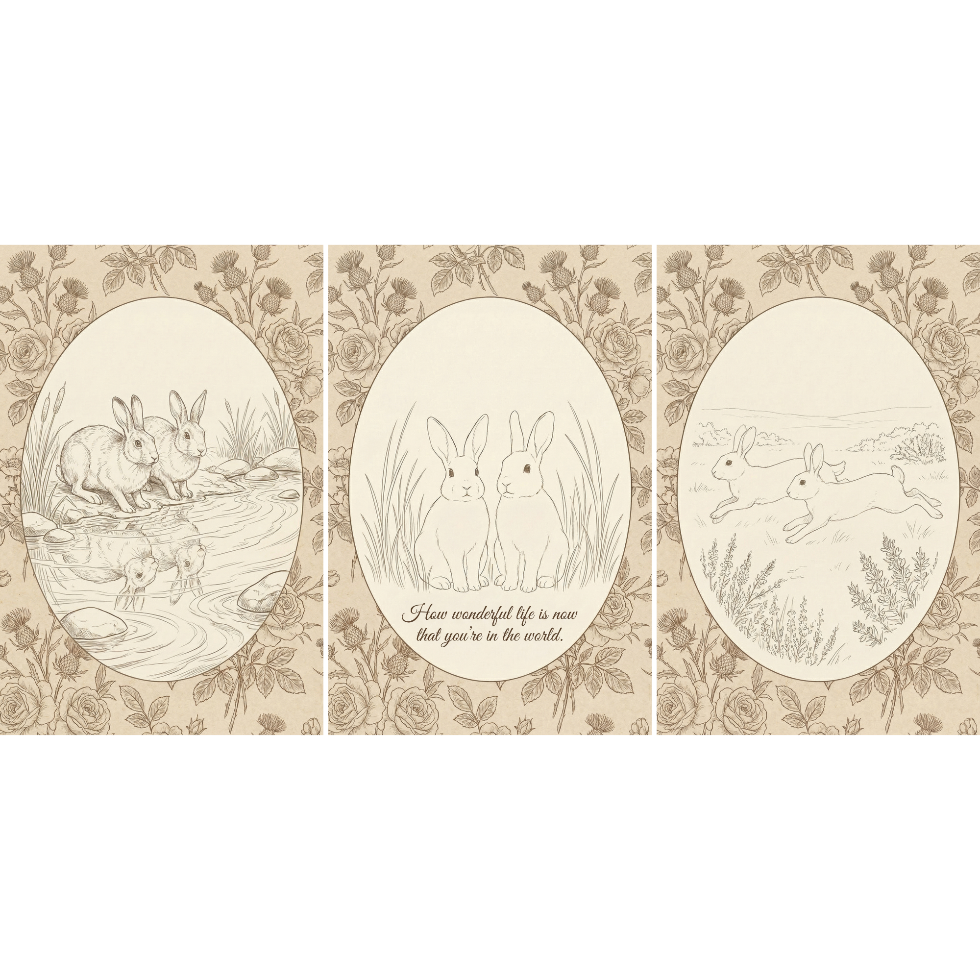  A three panel collage of vintage rabbit illustrations surrounded by rose patterned borders. The panels show rabbits by a reflective stream two rabbits sitting in grass with the text "HOW WONDERFUL LIFE IS NOW THAT YOU'RE IN THE WORLD" and rabbits running through a field.

